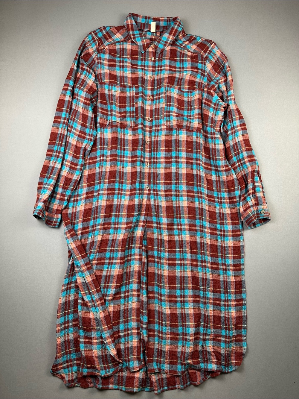PIlcro Red & Turquoise Plaid Crinkle Midi Shirt Dress - Womens Large